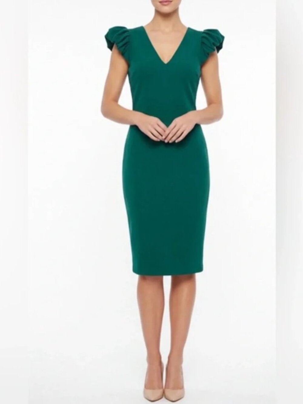 Calvin Klein | Dark Green Crepe Scuba Ruched Cap Sleeve V-Neck Sheath Dress 12